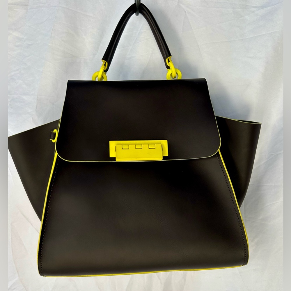 Zac Posen Eartha Iconic Top Handle Double Face Ebony/Rain Neon Lime Green Trim